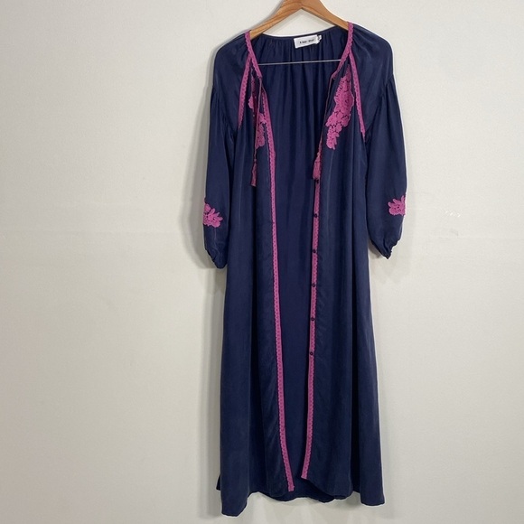 Line + Dot Embroidered Midi Dress Puffed Sleeves Small Blue - Picture 8 of 12